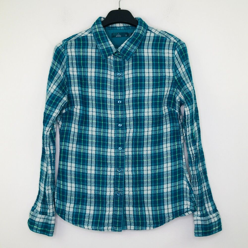 Prana Women's Small Shirt Blue Plaid Long Sleeve Button Up Cotton Flannel BC27